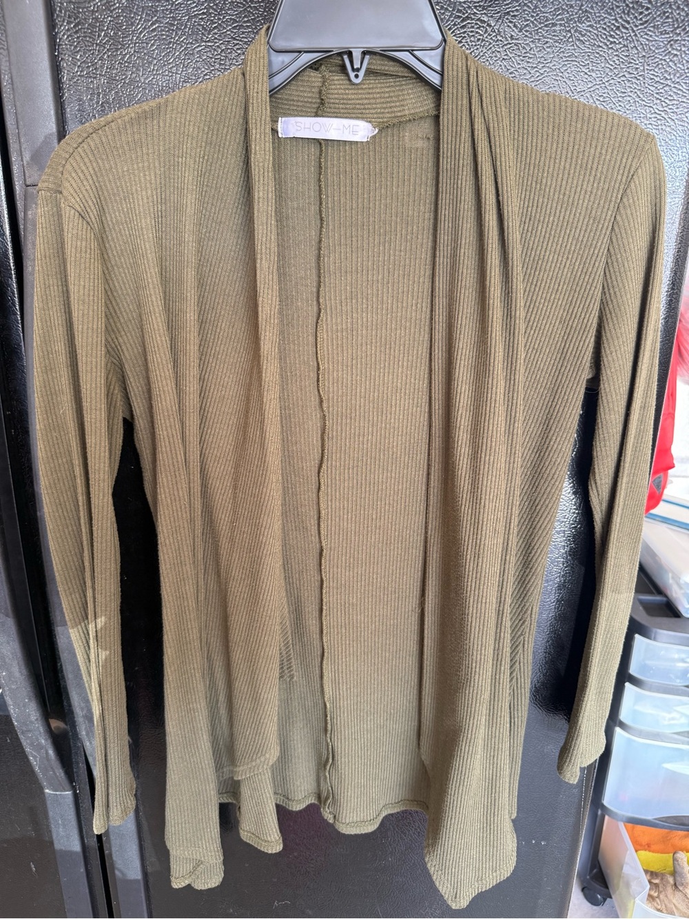 Show-Me Olive Ribbed Open-Front Women's Cardigan